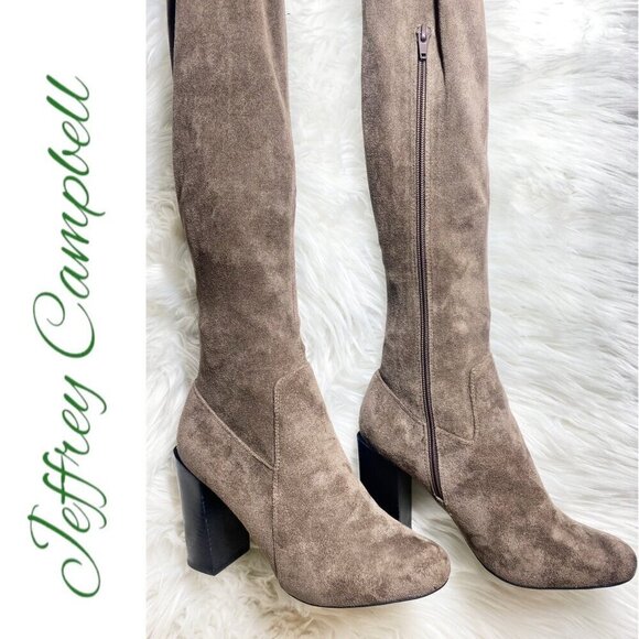 NWT JEFFREY CAMPBELL Perouze Over-The-Knee Faux Suede Block Heel Boots Taupe 8.5 - Picture 6 of 16